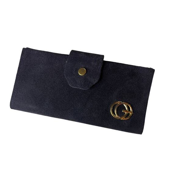 Vintage Black Suede Checkbook Cover — Gold “GG” Logo, Snap Closure - Picture 1 of 12